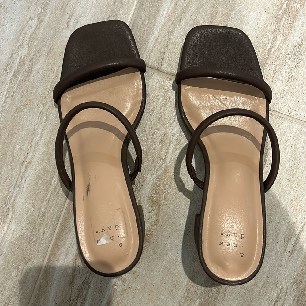 Brown square toe strappy slide heels
